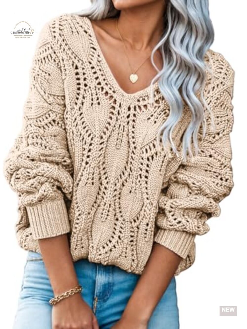 Womens V Neck Crochet Hollow Out Pullover Sweater Loose Knit Winter Top
